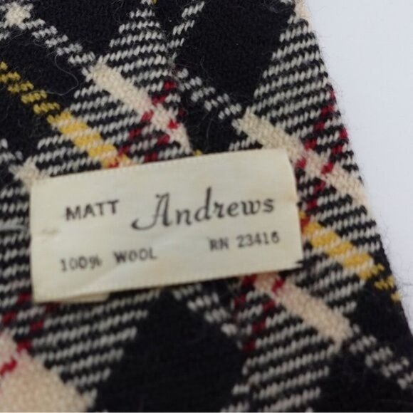 Matt Andrew 100% Wool Mens Tie Necktie Plaid Preppy Crème Black Red Yellow - Picture 2 of 9
